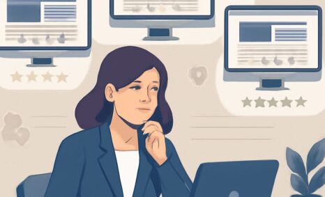 A woman in a blazer thoughtfully examines website designs on multiple computer screens while working at her desk.