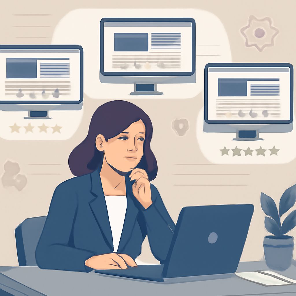 A woman in a blazer thoughtfully examines website designs on multiple computer screens while working at her desk.