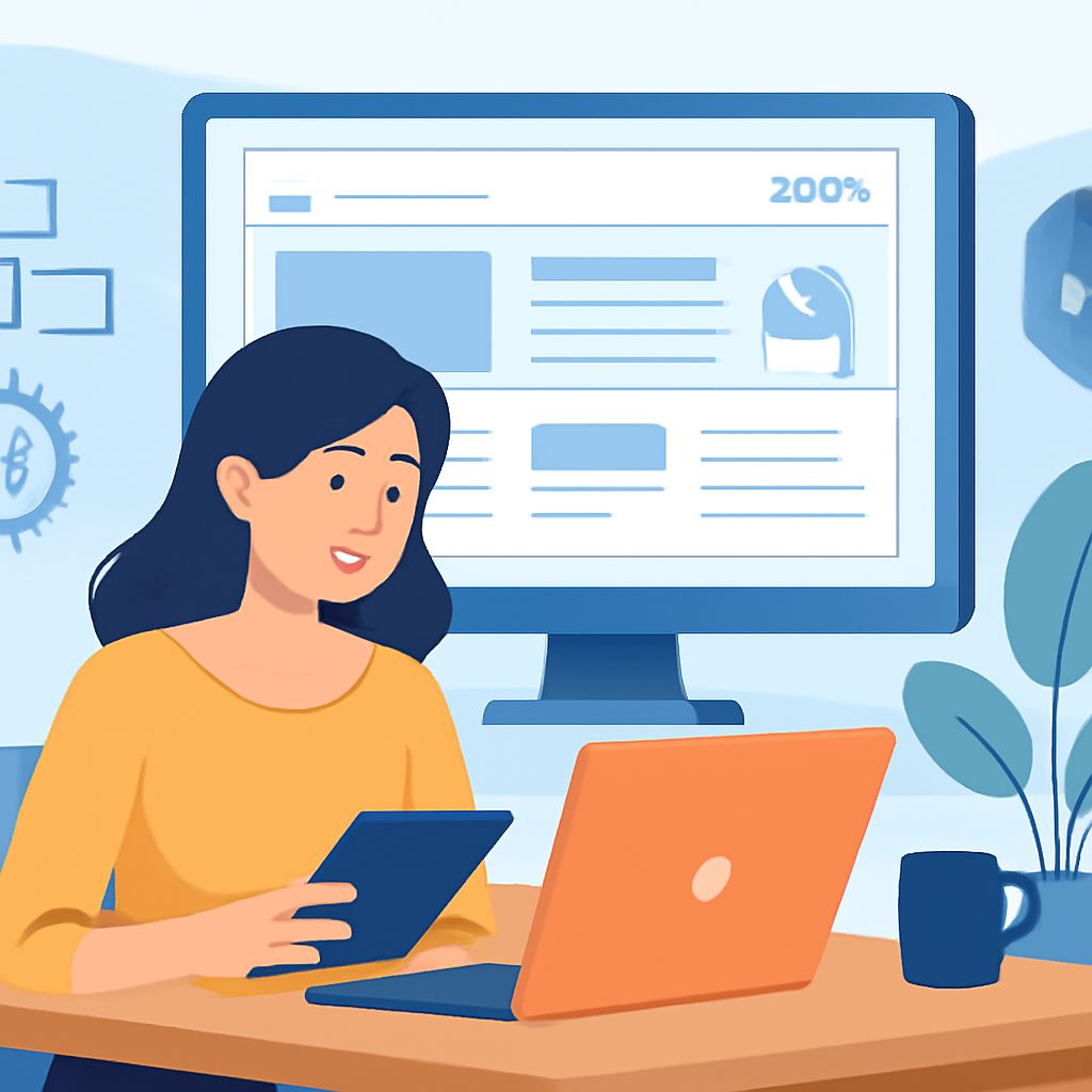 A woman with long dark hair smiles while holding a tablet, sitting at a desk with a laptop and a coffee cup, in front of