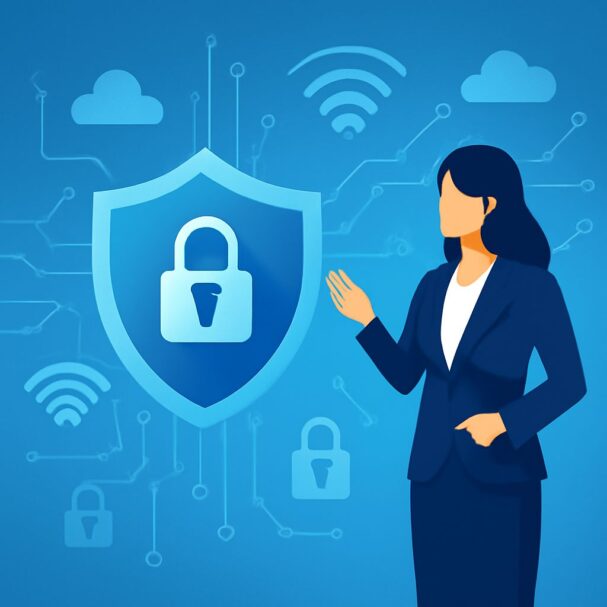 A woman in a dark suit gestures toward a large shield icon with a lock, surrounded by wireless and cloud symbols.