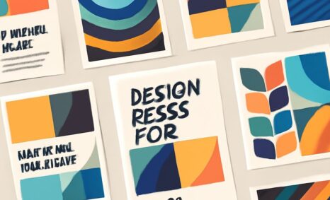 Colorful brochure design concepts featuring geometric shapes and bold patterns, with a focus on blues, oranges, and gree