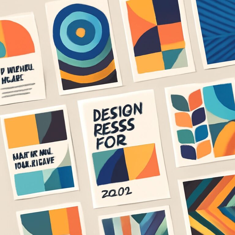 Colorful brochure design concepts featuring geometric shapes and bold patterns, with a focus on blues, oranges, and gree
