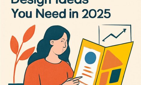 A woman in an orange sweater examines a colorful brochure featuring geometric designs, with a plant in the background.