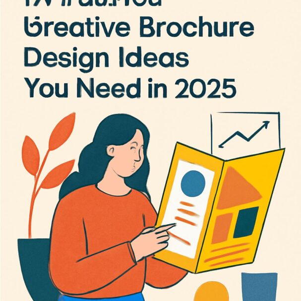 A woman in an orange sweater examines a colorful brochure featuring geometric designs, with a plant in the background.
