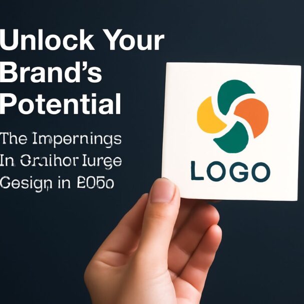 A hand holds a square card displaying a colorful logo design against a dark background, with promotional text nearby.