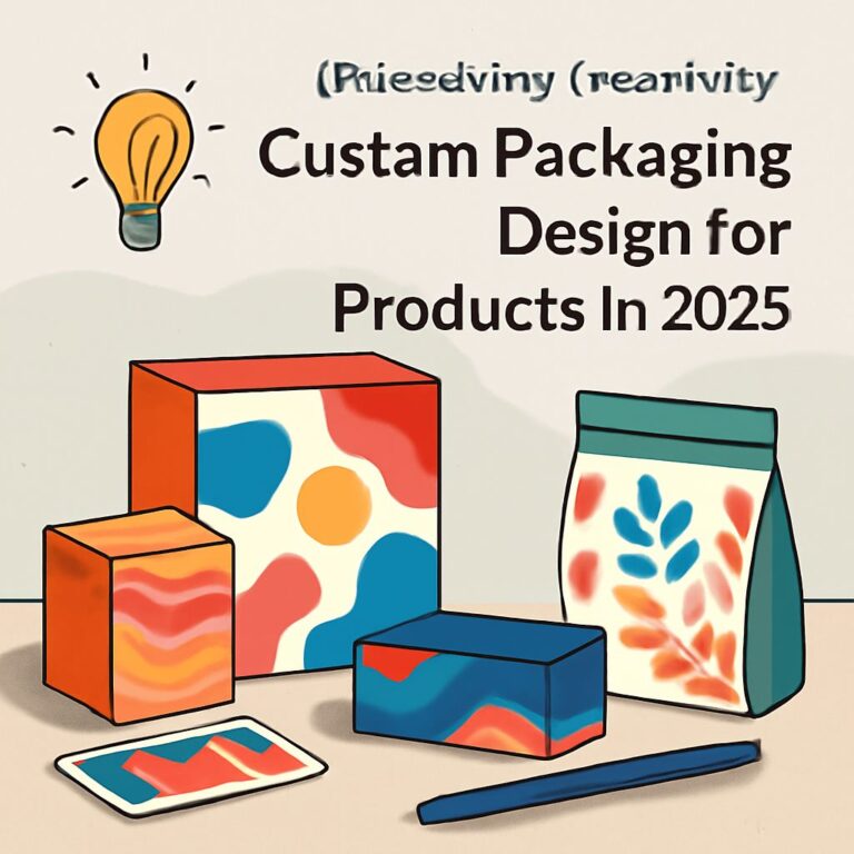 Colorful packaging designs for products in 2025, featuring abstract patterns on boxes and a bag, with a pen nearby.