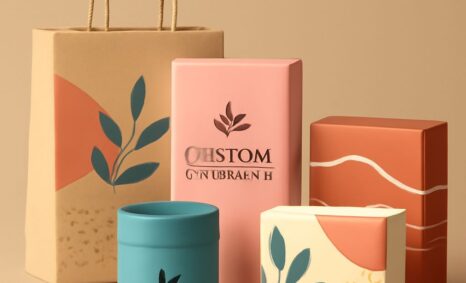 A collection of stylish packaging designs in pastel colors, featuring floral motifs and a paper bag with handles.
