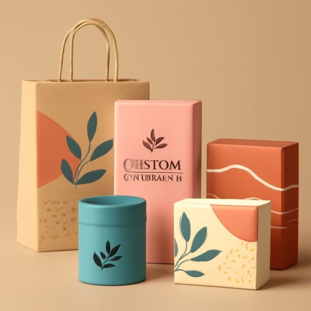 A collection of stylish packaging designs in pastel colors, featuring floral motifs and a paper bag with handles.