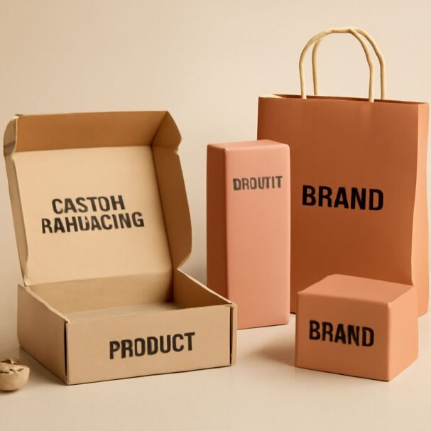 A variety of custom packaging designs in earthy tones, featuring bold black text on boxes and a paper bag.