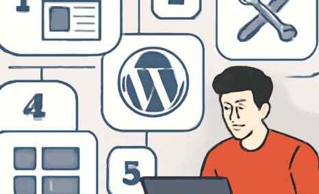 A person in a red shirt works on a laptop displaying the WordPress logo, surrounded by icons representing web design ste