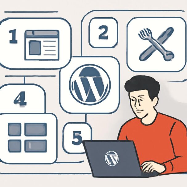 A person in a red shirt works on a laptop displaying the WordPress logo, surrounded by icons representing web design ste