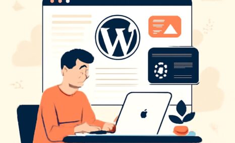 A man in an orange shirt sits at a laptop, focused on a WordPress design interface with colorful icons.