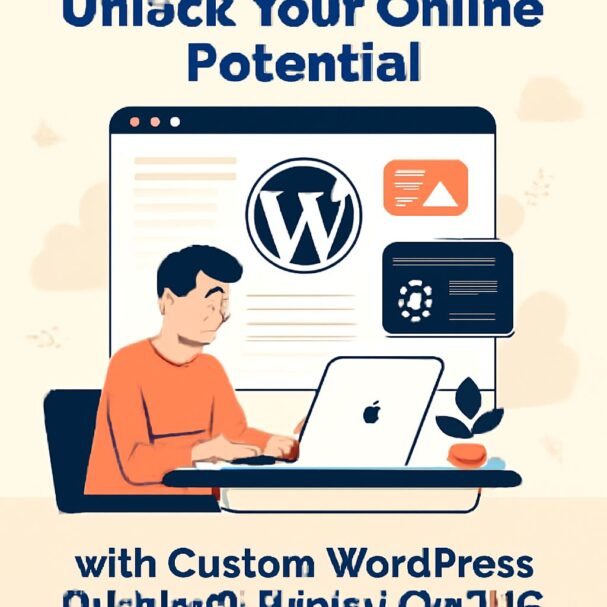 A man in an orange shirt sits at a laptop, focused on a WordPress design interface with colorful icons.