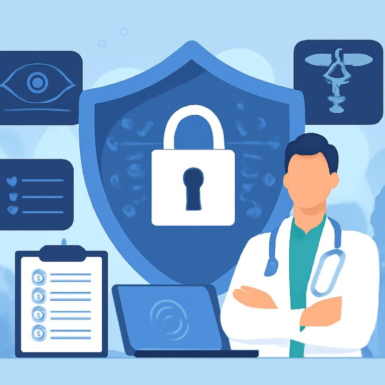 A healthcare professional stands confidently with crossed arms in front of a digital shield symbolizing cybersecurity.