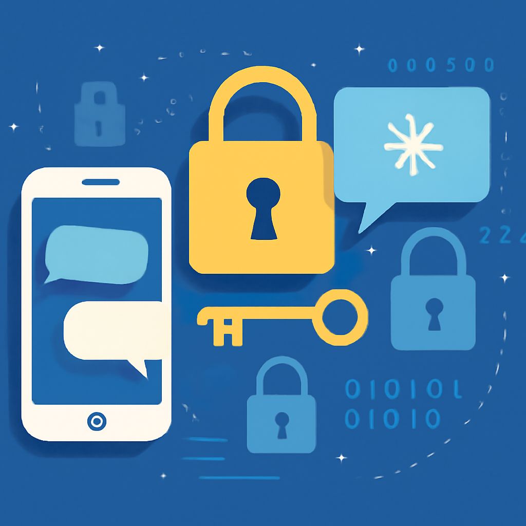 A smartphone displays text messages alongside a yellow padlock, key, and blue speech bubbles on a blue background.