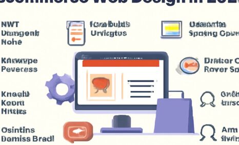 A digital illustration featuring a computer screen displaying web design tips, surrounded by icons and text labels.