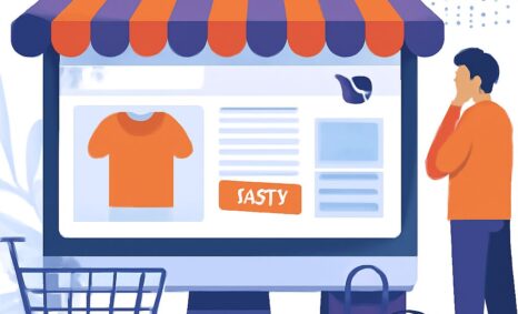 A man in an orange shirt stands beside a shopping cart, looking at a colorful e-commerce website on a computer screen.