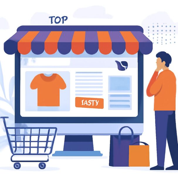 A man in an orange shirt stands beside a shopping cart, looking at a colorful e-commerce website on a computer screen.