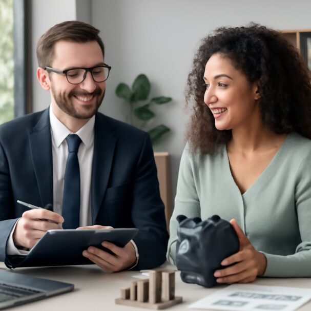 A man in a suit takes notes on a tablet while a woman in a green sweater smiles, holding a black piggy bank.