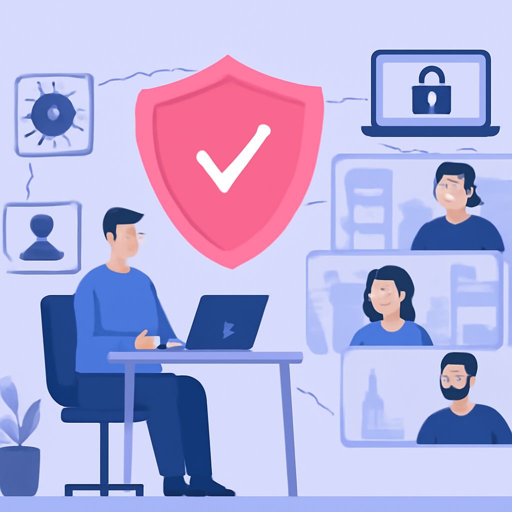 A man works on a laptop at a desk, surrounded by digital icons representing security and remote team members.