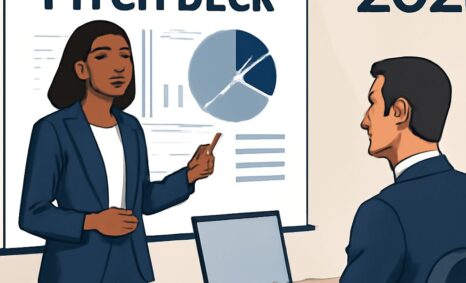A woman in a suit presents a pitch deck with graphs to a seated man at a laptop in a modern office setting.