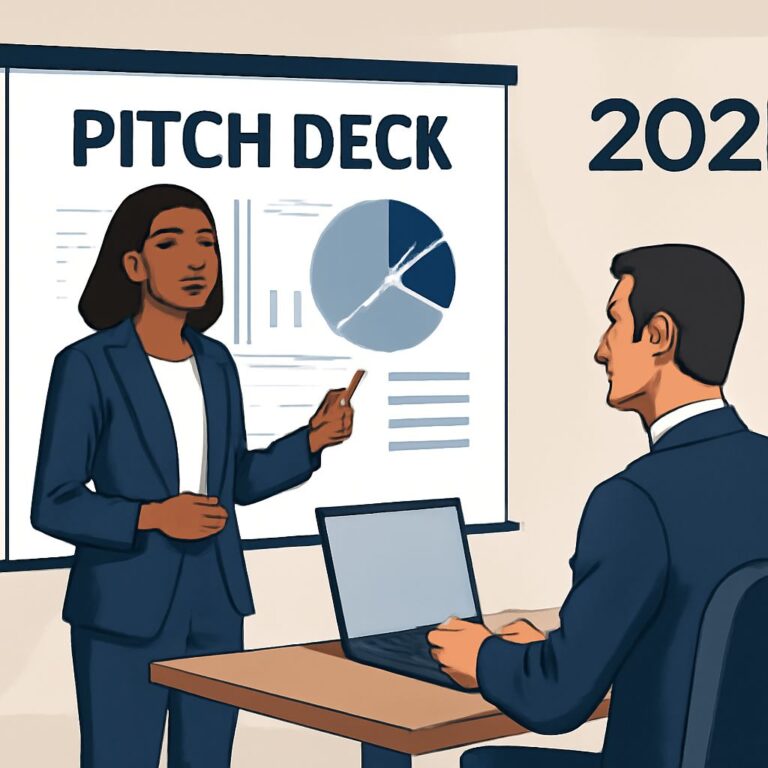 A woman in a suit presents a pitch deck with graphs to a seated man at a laptop in a modern office setting.