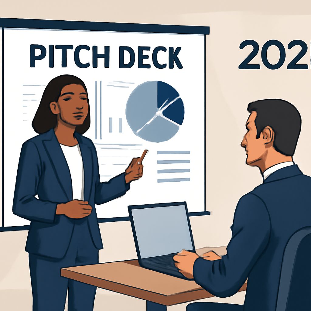 A woman in a suit presents a pitch deck with graphs to a seated man at a laptop in a modern office setting.