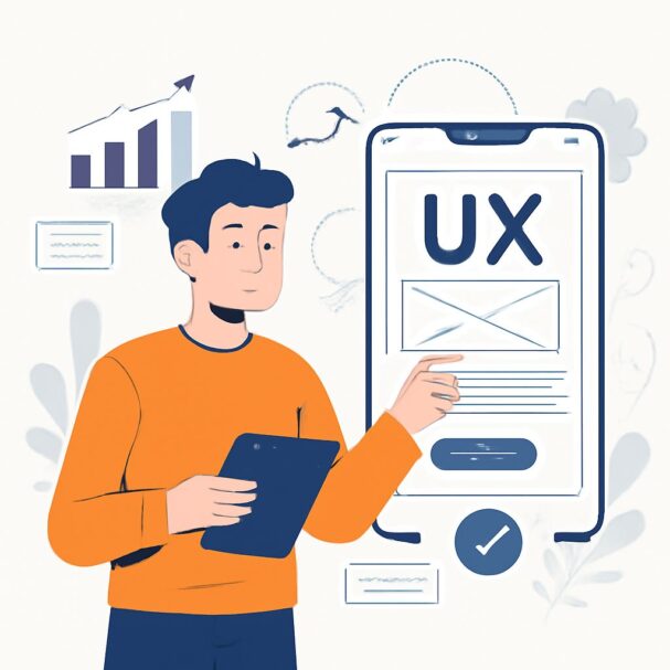 A man in an orange sweater holds a tablet, pointing at a smartphone displaying a UX design layout with graphs in the bac