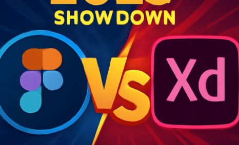 Bold text reads "2025 SHOW DOWN" with Figma's logo on the left and Adobe XD's logo on the right, set against a dynamic b