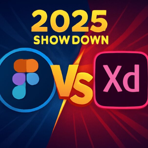 Bold text reads "2025 SHOW DOWN" with Figma's logo on the left and Adobe XD's logo on the right, set against a dynamic b