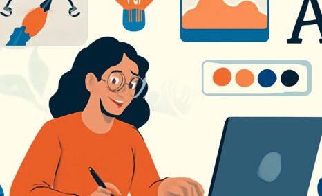A woman in an orange sweater smiles while working on a laptop, surrounded by design elements like a light bulb and color