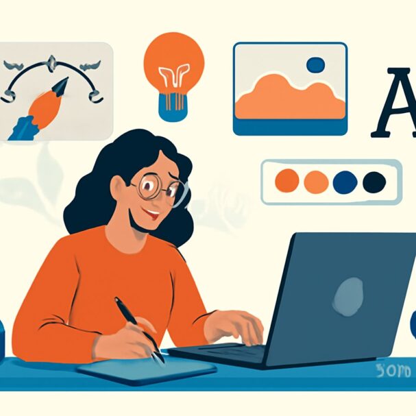 A woman in an orange sweater smiles while working on a laptop, surrounded by design elements like a light bulb and color