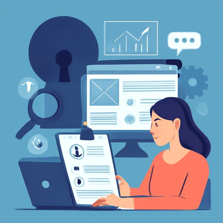A woman in an orange top reviews a document on her laptop, surrounded by digital icons and a large computer screen.