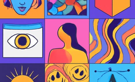 A colorful grid of abstract designs featuring a blue-faced woman, geometric shapes, and wavy patterns.
