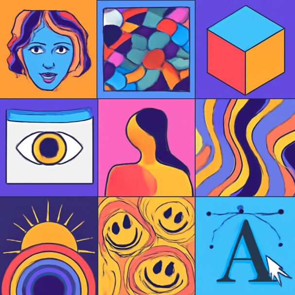 A colorful grid of abstract designs featuring a blue-faced woman, geometric shapes, and wavy patterns.