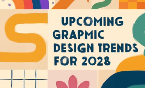 Colorful geometric shapes and patterns with bold text announcing upcoming graphic design trends for 2028.