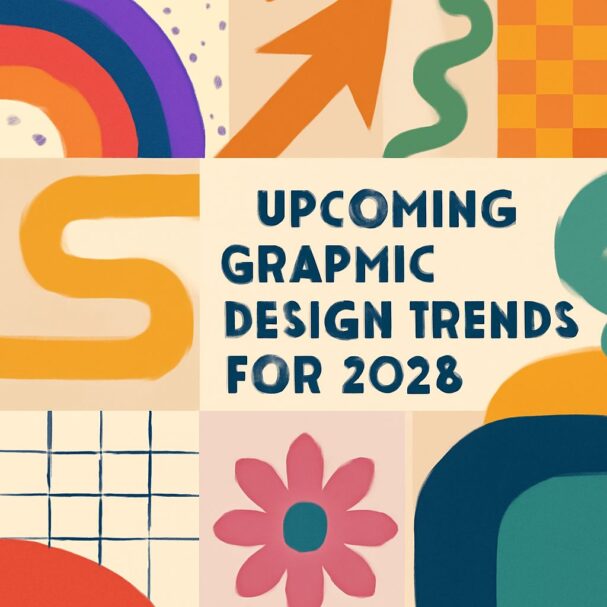 Colorful geometric shapes and patterns with bold text announcing upcoming graphic design trends for 2028.