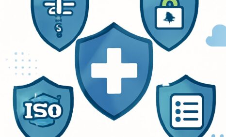Five blue shields featuring symbols for healthcare compliance, security, and standards like ISO, arranged around a centr