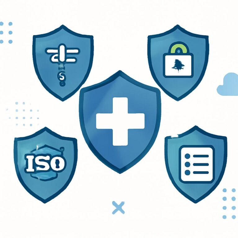 Five blue shields featuring symbols for healthcare compliance, security, and standards like ISO, arranged around a centr