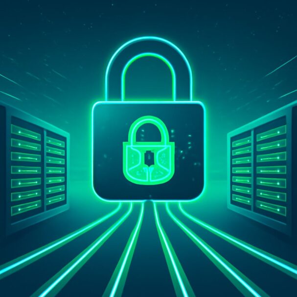 A glowing green padlock symbol is centered between two server racks, with illuminated data lines extending towards the b