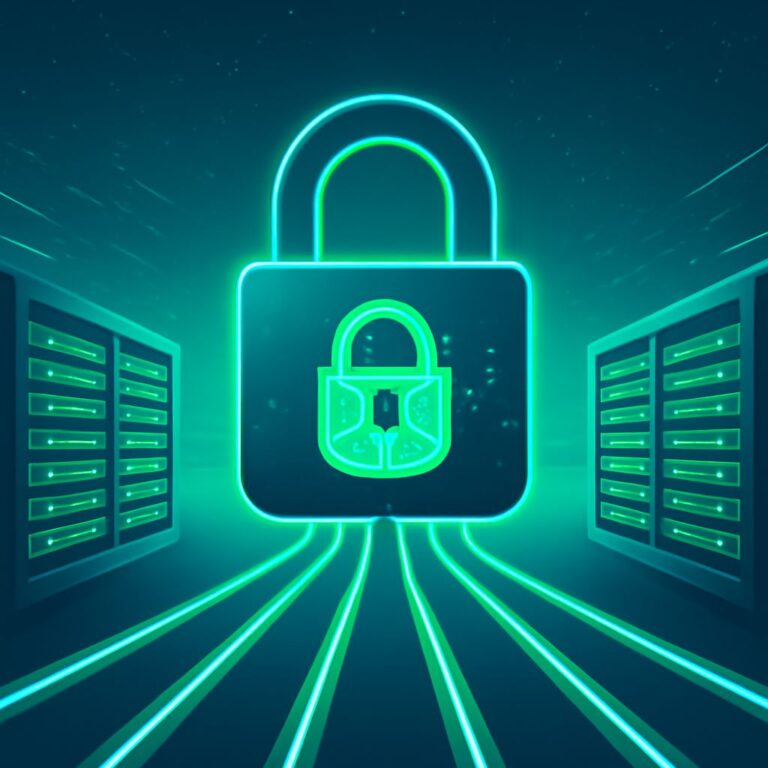 A glowing green padlock symbol is centered between two server racks, with illuminated data lines extending towards the b