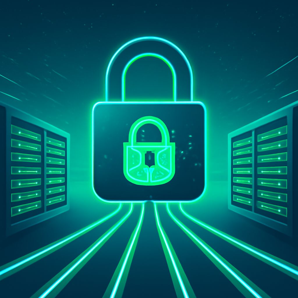 A glowing green padlock symbol is centered between two server racks, with illuminated data lines extending towards the b