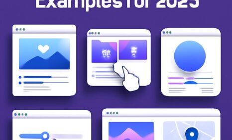 Colorful web design examples for 2025 displayed on a purple background, featuring interactive elements and icons.