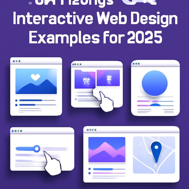 Colorful web design examples for 2025 displayed on a purple background, featuring interactive elements and icons.