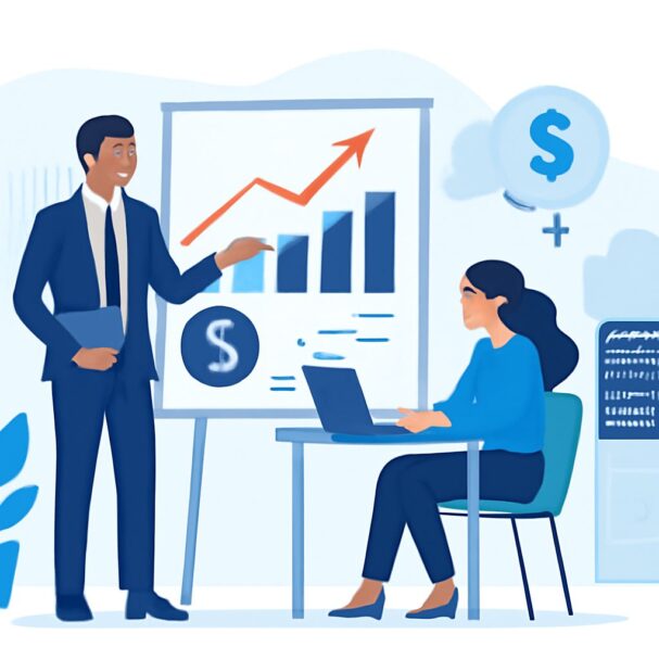 A businessman presents a growth chart to a woman working on a laptop at a desk in a modern office setting.