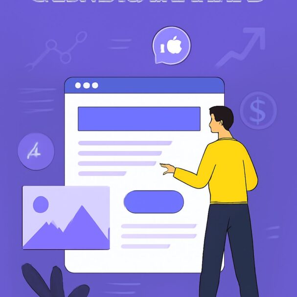 A person in a yellow shirt interacts with a digital landing page design on a purple background, featuring images and ico