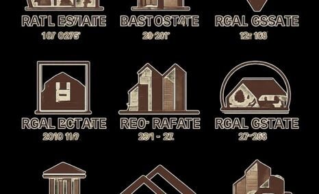 Nine stylized real estate logos in earthy tones, featuring various building shapes and designs on a black background.
