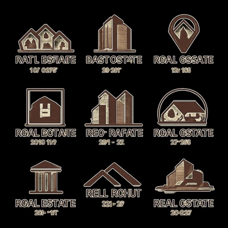 Nine stylized real estate logos in earthy tones, featuring various building shapes and designs on a black background.