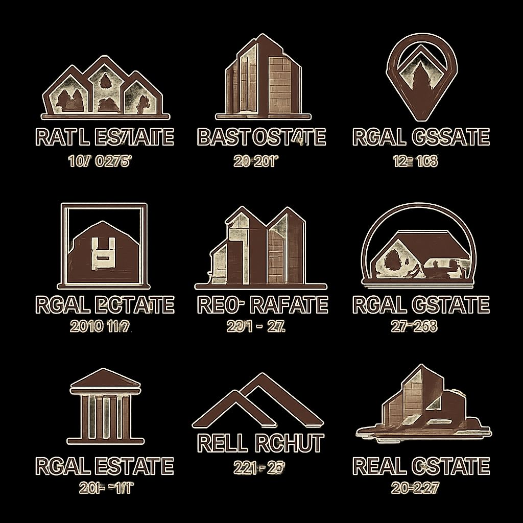 Nine stylized real estate logos in earthy tones, featuring various building shapes and designs on a black background.