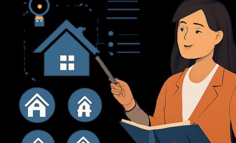 A woman in a blazer points at a blue house graphic while holding a notebook, surrounded by various house icons.